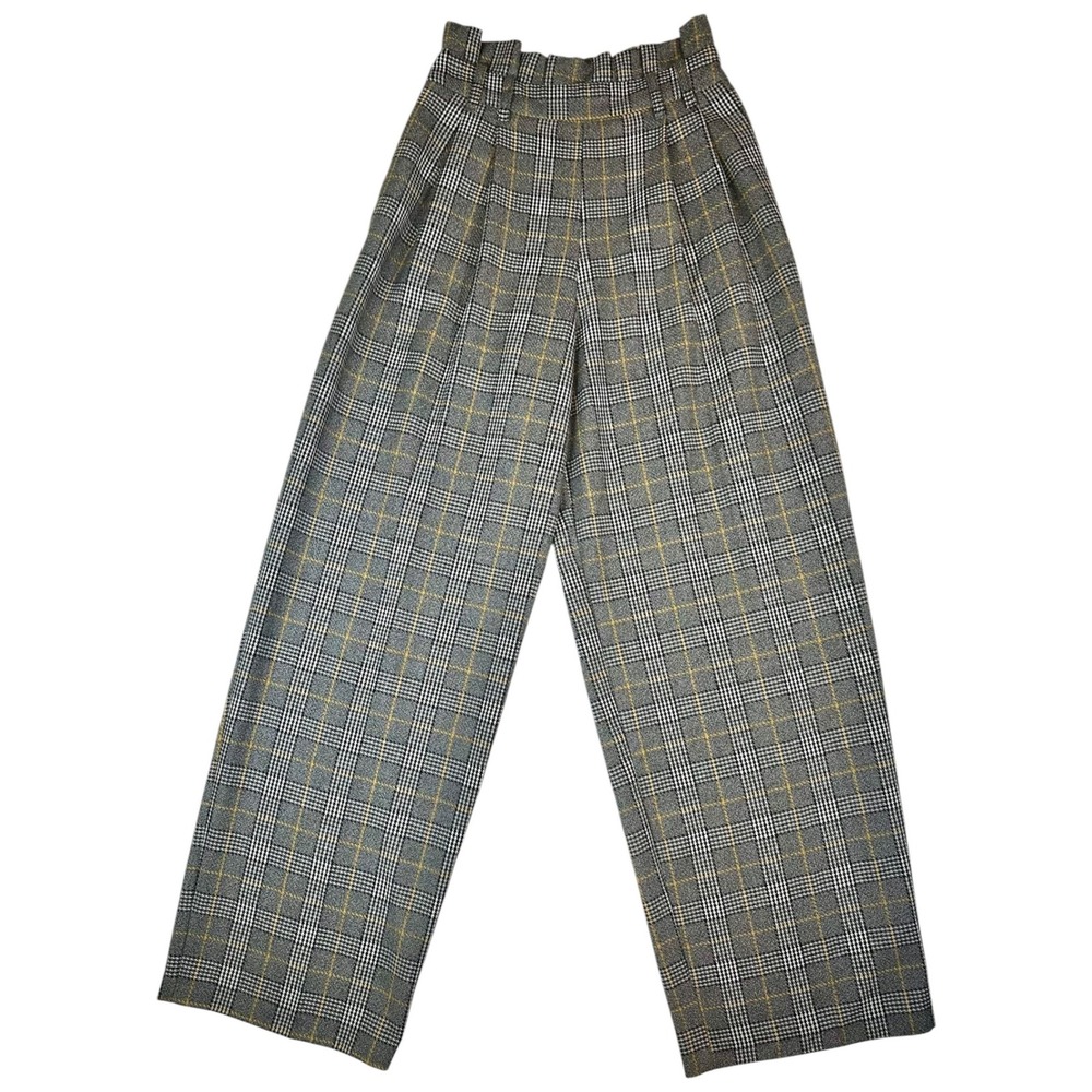Topshop Grey Yellow Plaid Wide Leg Paperbag Waist Trousers Glen Check Pants US 4 - Picture 2 of 7